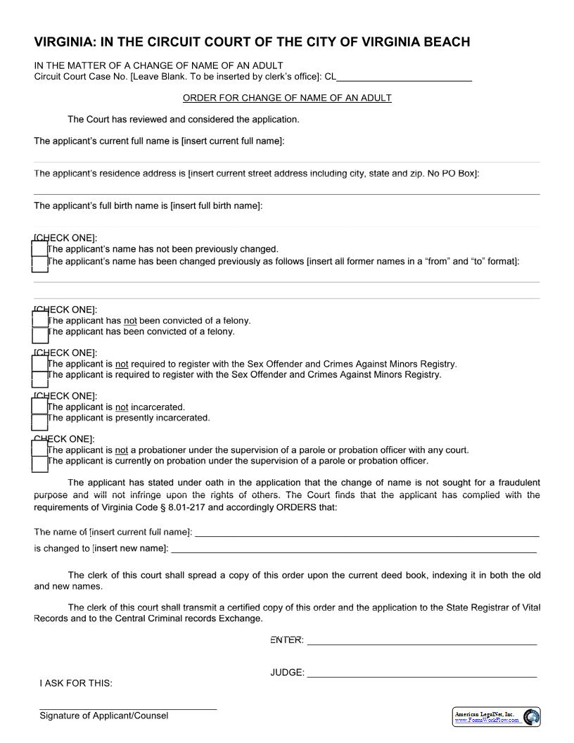 Order For Change Of Name Of Adult | Pdf Fpdf Docx | Virginia