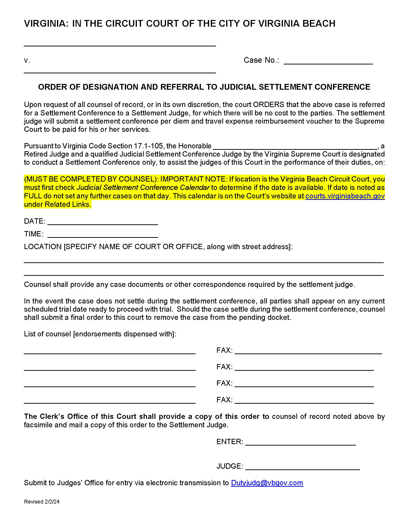 Order Of Designation And Referral To Judicial Settlement Conference | Pdf Fpdf Docx | Virginia