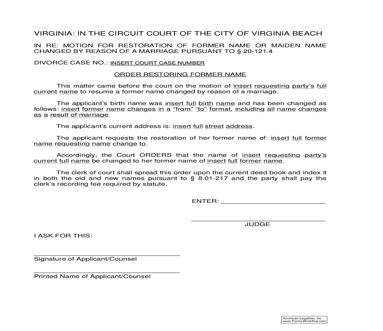 Order Restoring Former Name (Incident To Divorce) | Pdf Fpdf Doc Docx | Virginia