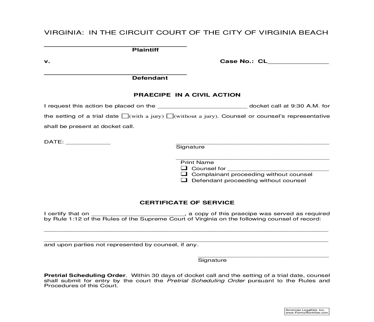 Praecipe In Civil Action | Pdf Fpdf Doc Docx | Virginia