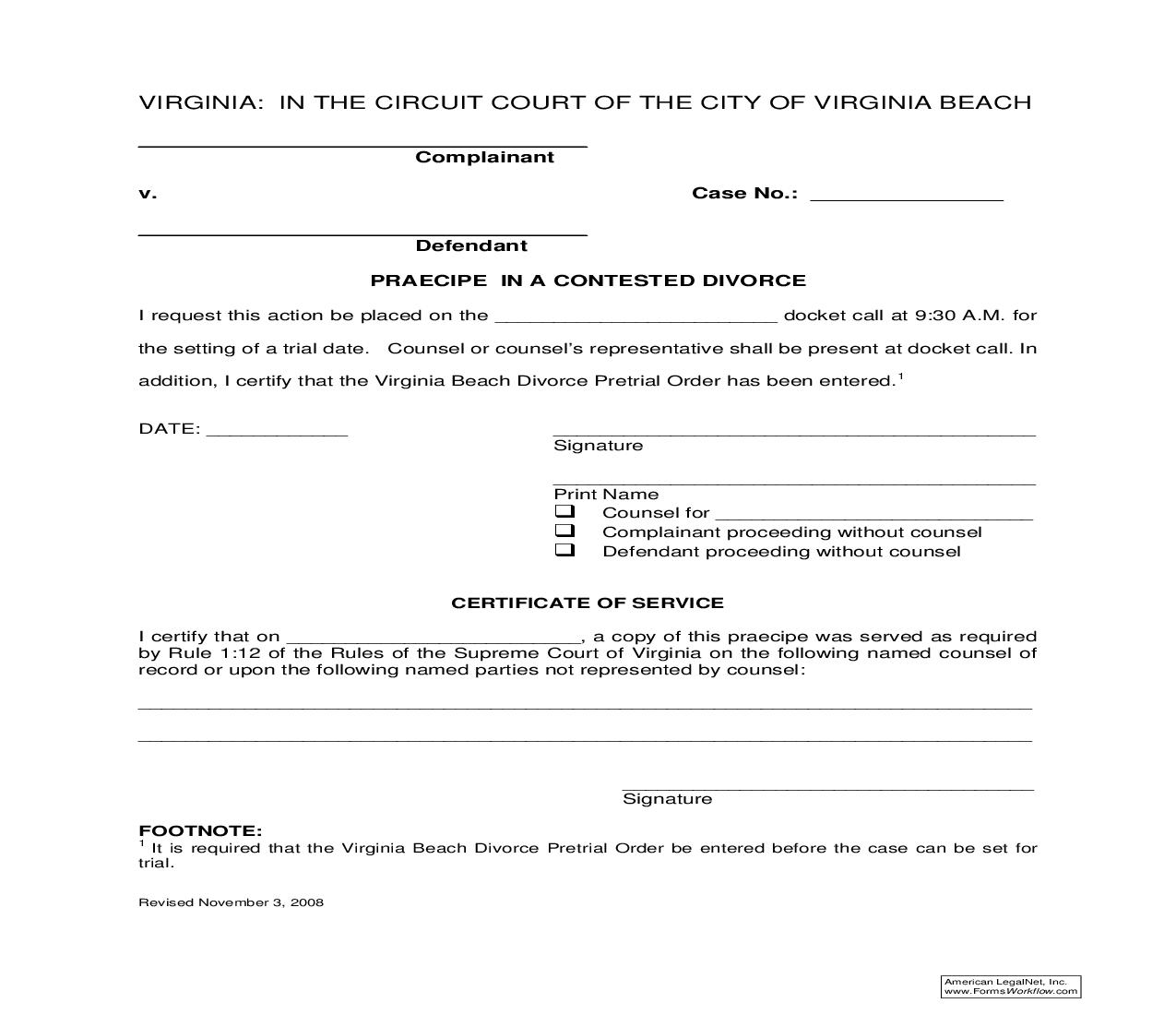 Praecipe In Contested Divorce | Pdf Fpdf Doc Docx | Virginia