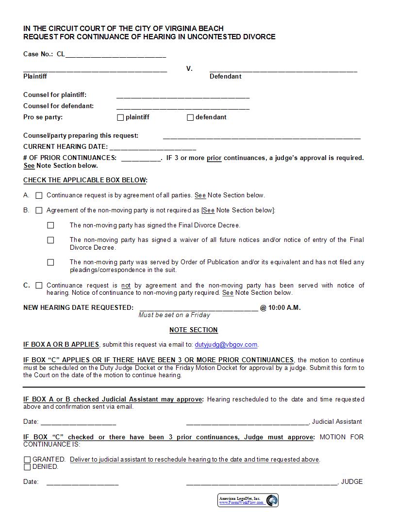 Request For Continuance Of Hearing In Uncontested Divorce | Pdf Fpdf Docx | Virginia