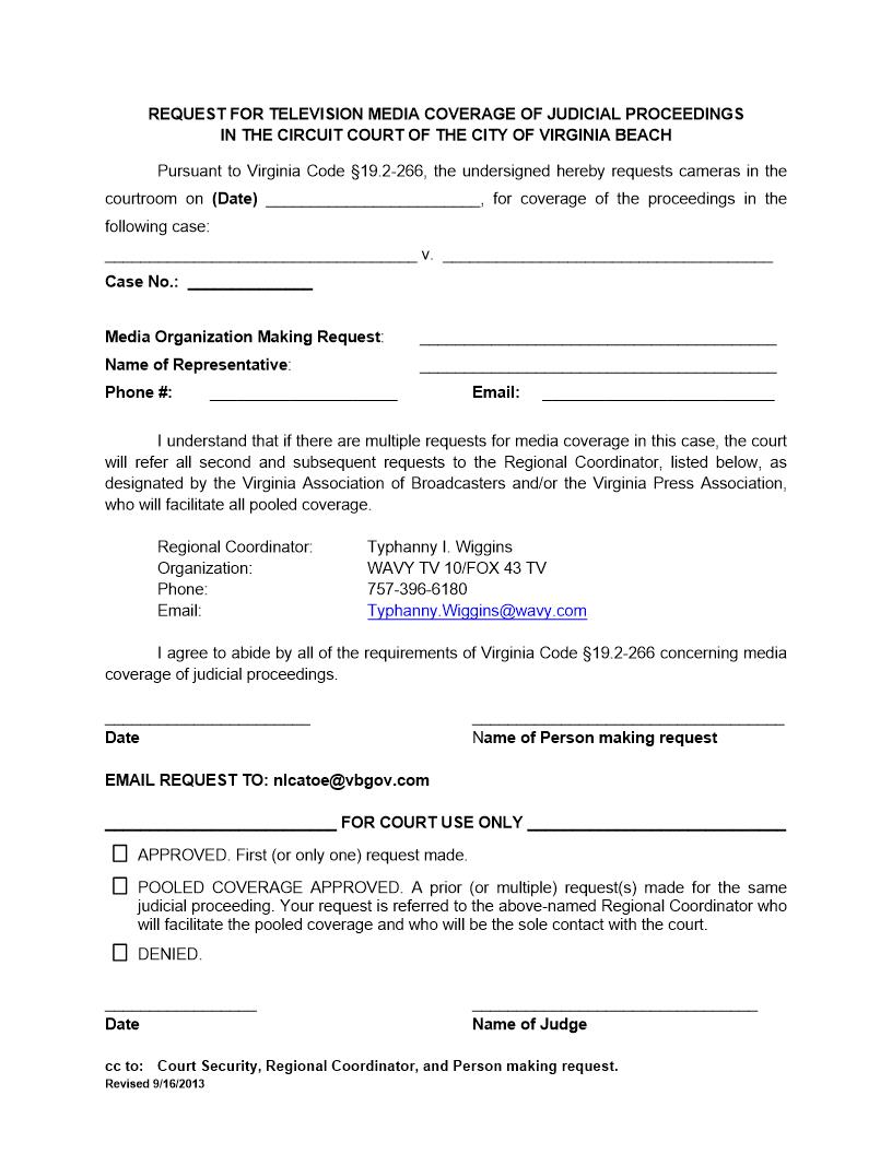 Request For Television Media Coverage Of Judicial Proceedings | Pdf Fpdf Docx | Virginia