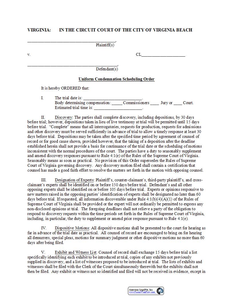 Uniform Condemnation Scheduling Order | Pdf Fpdf Docx | Virginia