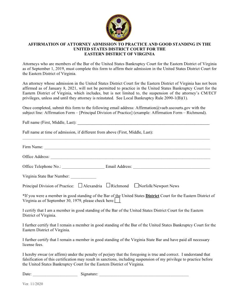 Affirmation Of Attorney Status | Pdf Fpdf Docx | Virginia