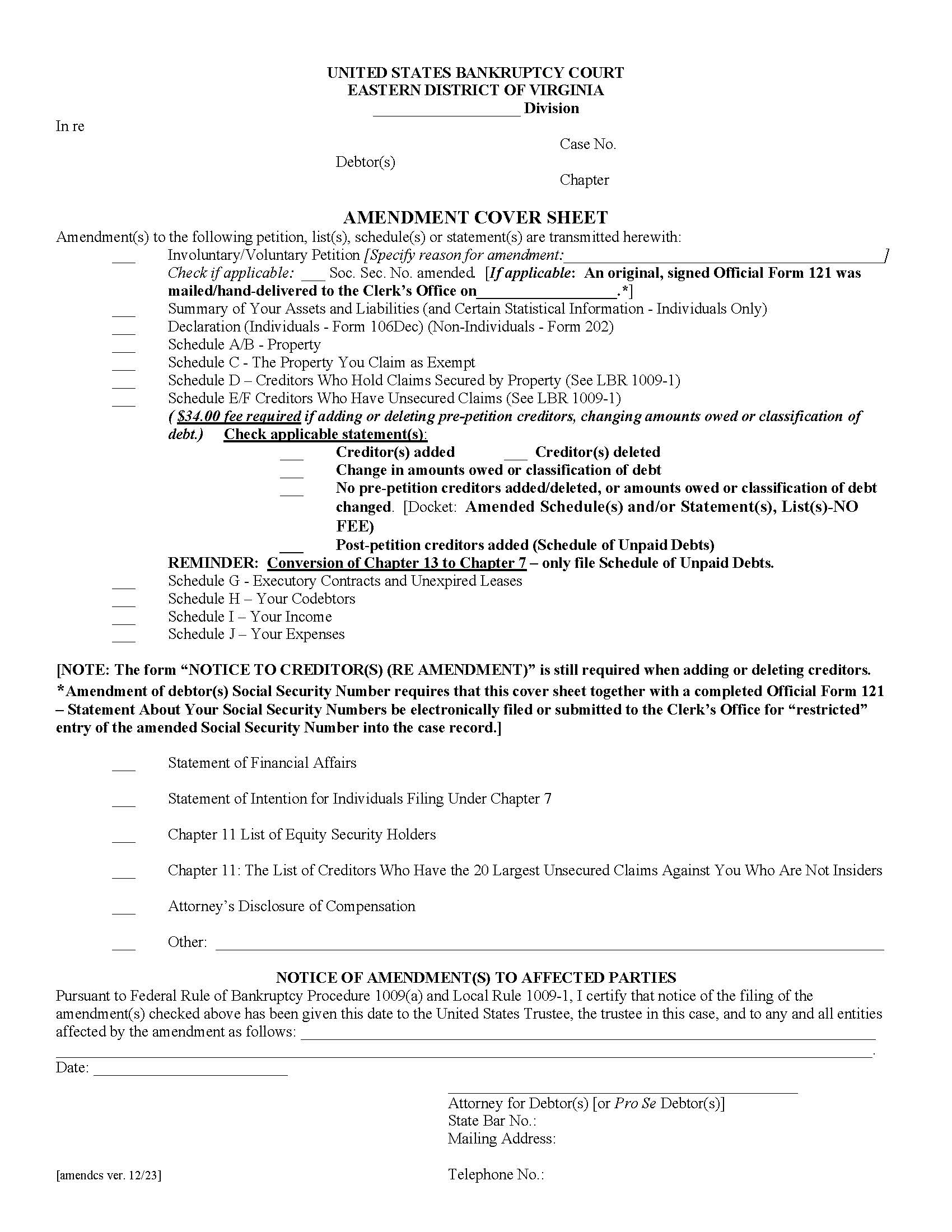 Amendment Cover Sheet | Pdf Fpdf Doc Docx | Virginia