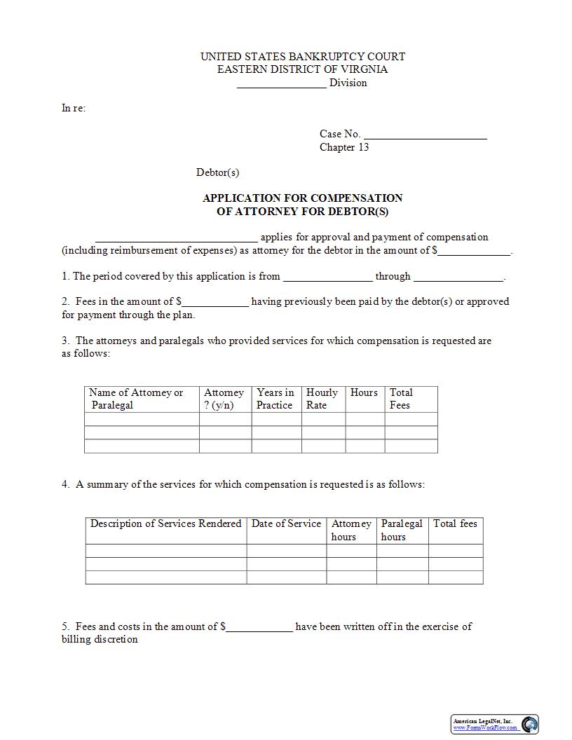 Application For Compensation Of Attorney For Debtor | Pdf Fpdf Docx | Virginia