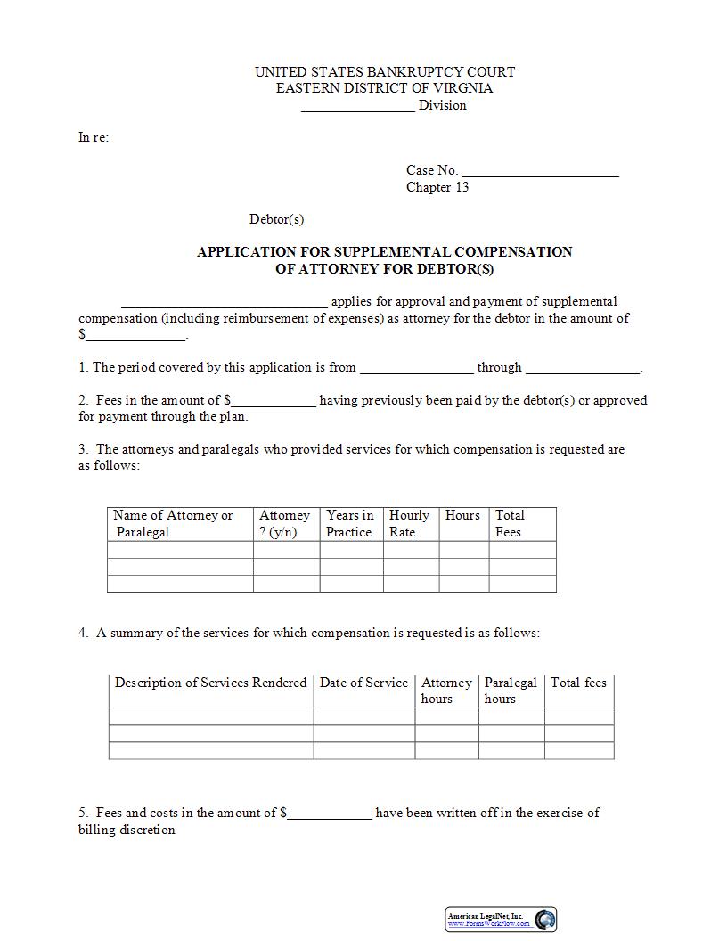 Application For Supplemental Compensation Of Attorney For Debtor | Pdf Fpdf Docx | Virginia