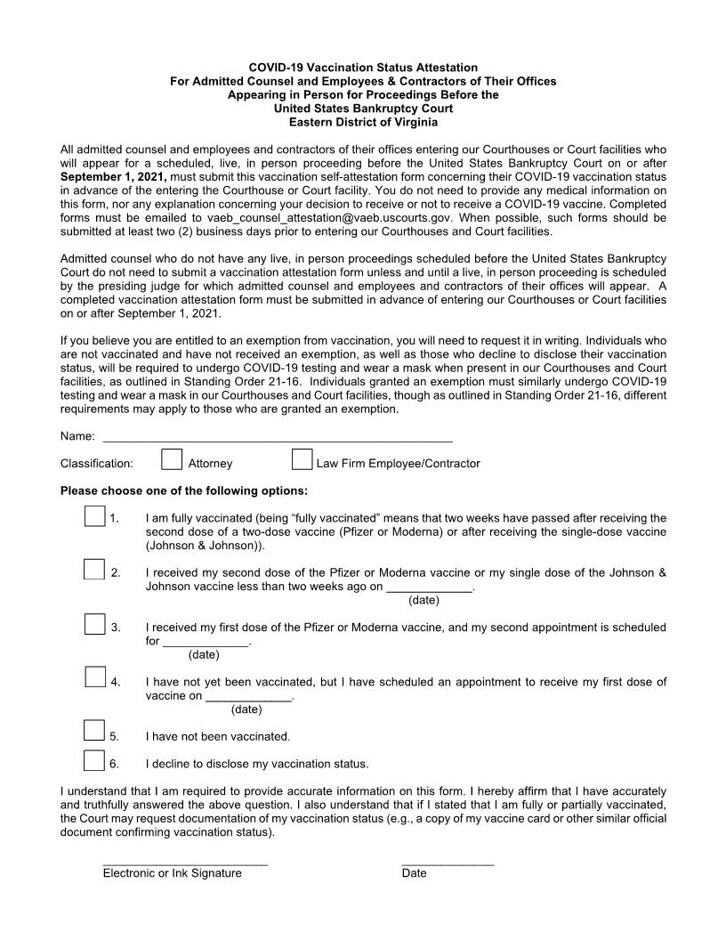 COVID-19 Vaccination Status Attestation | Pdf Fpdf Docx | Virginia