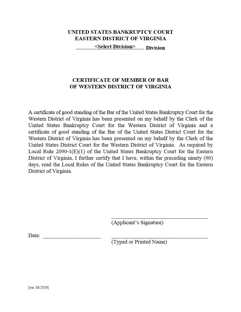 Certificate Of Member Of Bar Of Western District Of Virginia | Pdf Fpdf Docx | Virginia