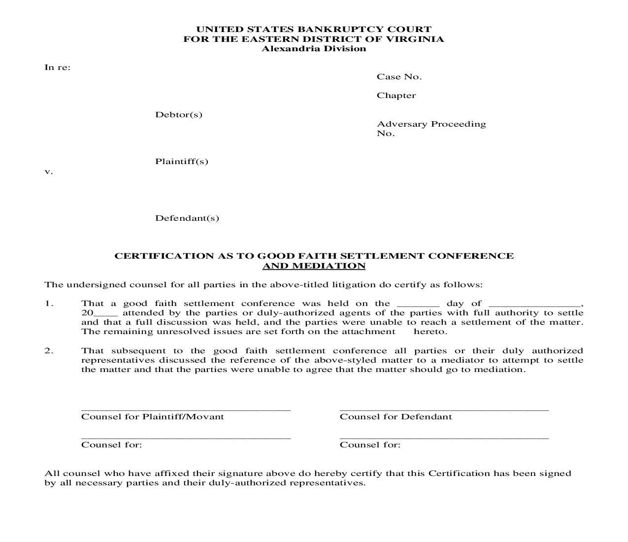 Certification As To Good Faith Settlement Conference And Mediation | Pdf Fpdf Doc Docx | Virginia