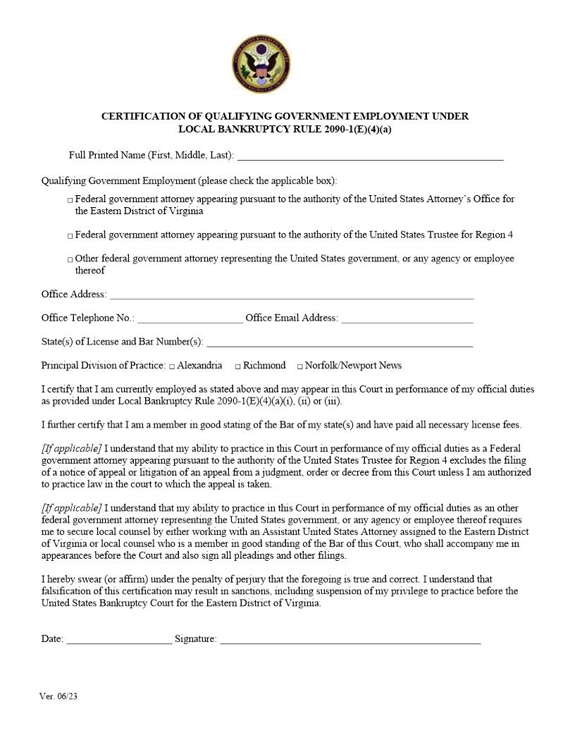 Certification Of Qualifying Government Employment | Pdf Fpdf Docx | Virginia