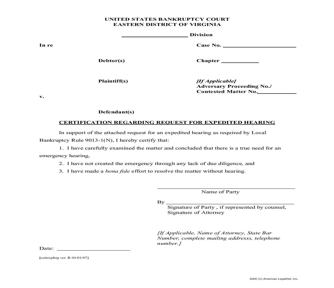 Certification Regarding Request For Expedited Hearing | Pdf Docx | Virginia