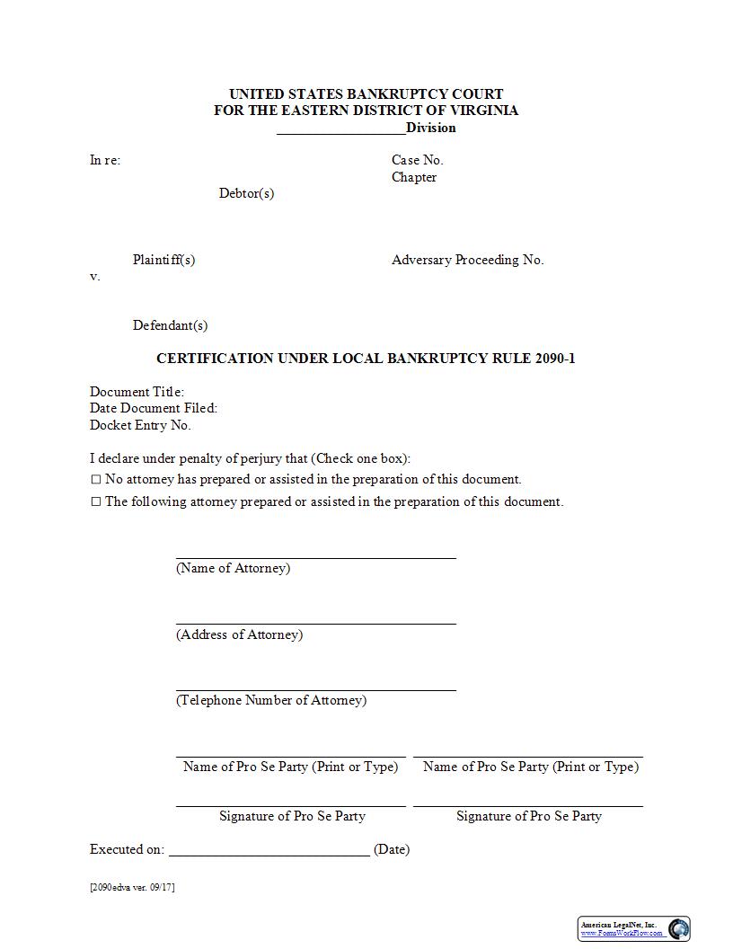 Certification Under Local Bankruptcy Rule 2090 1 | Pdf Fpdf Docx | Virginia