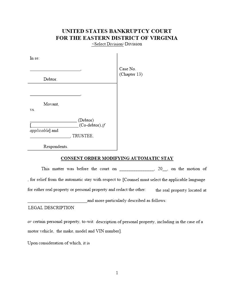 Consent Order Modifying Automatic Stay | Pdf Fpdf Docx | Virginia