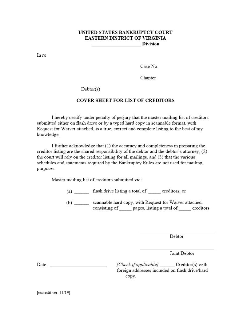 Cover Sheet List Of Creditors | Pdf Fpdf Doc Docx | Virginia