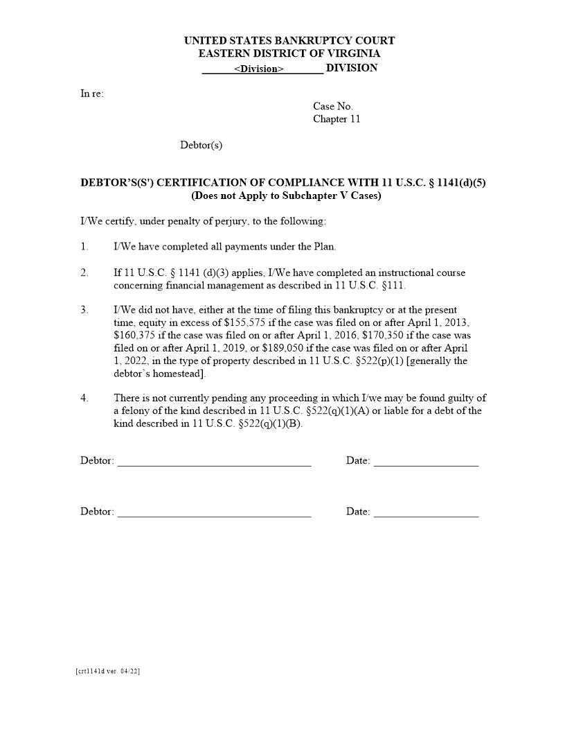 Debtors Certification Of Compliance With Section 1141 {crt1141d} | Pdf Fpdf Docx | Virginia