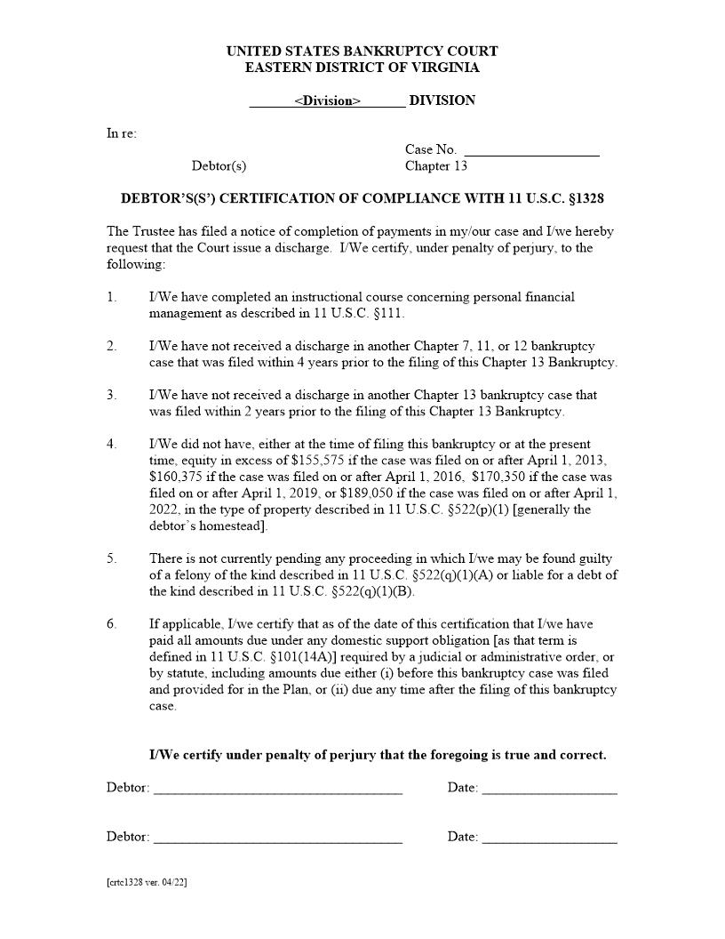 Debtors Certification Of Compliance With Section 1328 | Pdf Fpdf Docx | Virginia