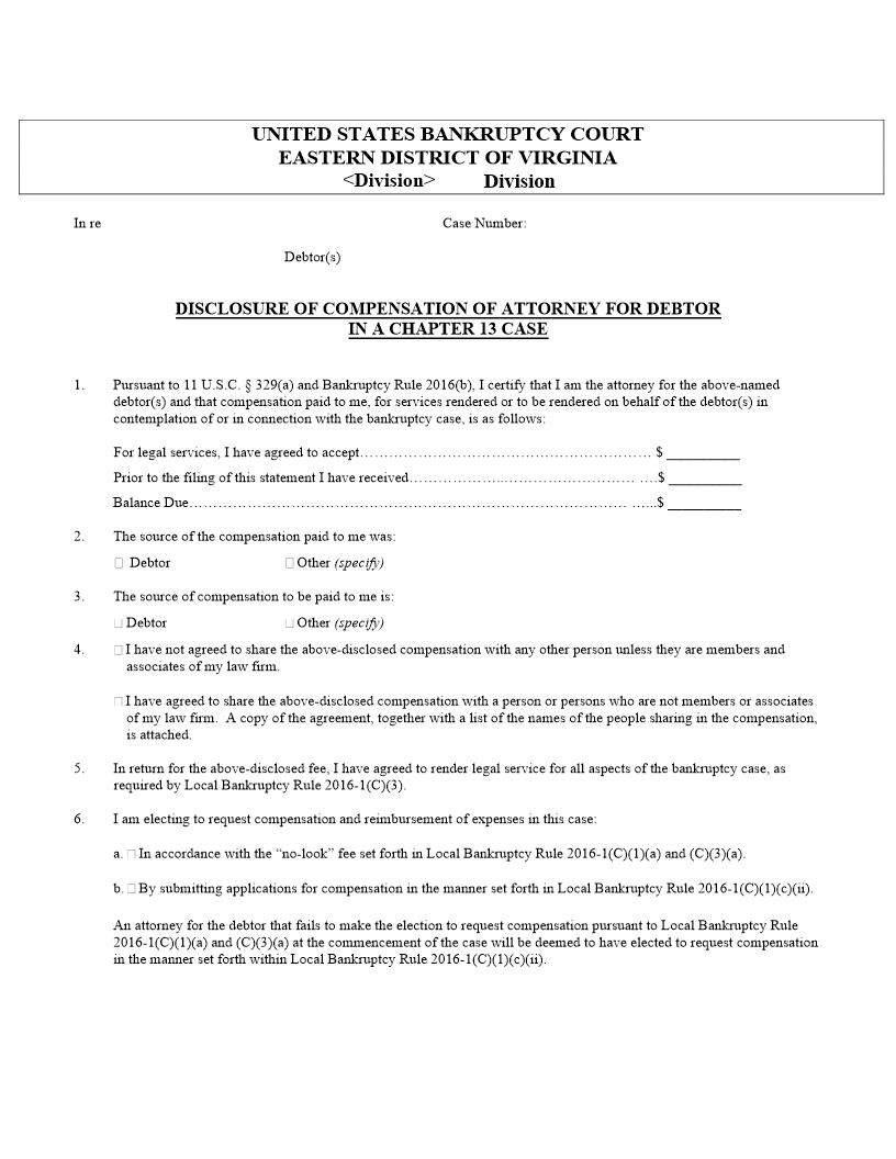 Disclosure Of Compensation Of Attorney For Debtor (Ch. 13) | Pdf Fpdf Docx | Virginia