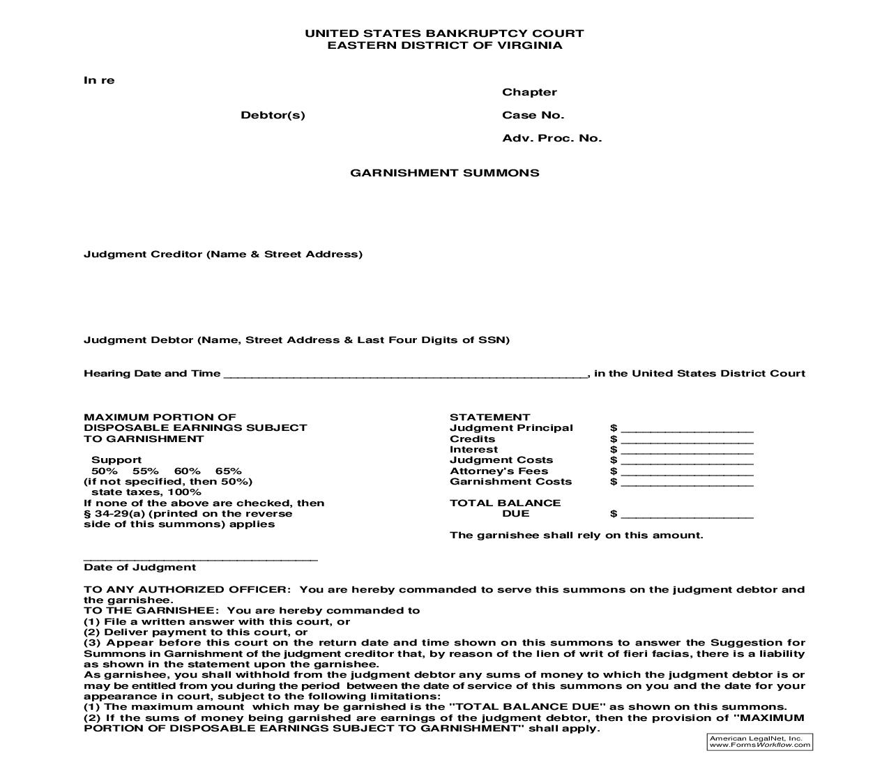 Garnishment Summons | Pdf Fpdf Doc Docx | Virginia