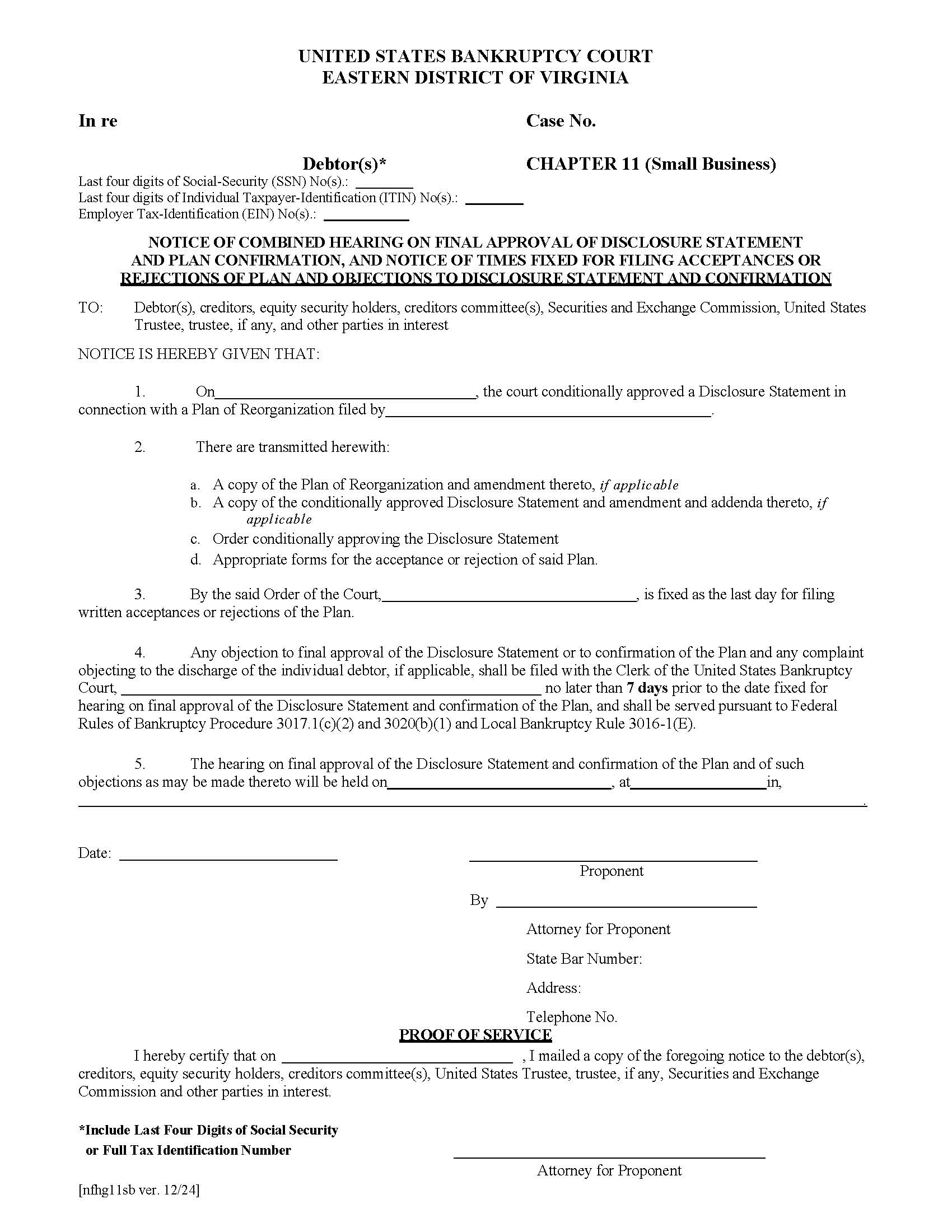 Notice Of Combined Hearing On Final Approval Of Disclosure Statement And Plan Confirmation | Pdf Fpdf Doc Docx | Virginia