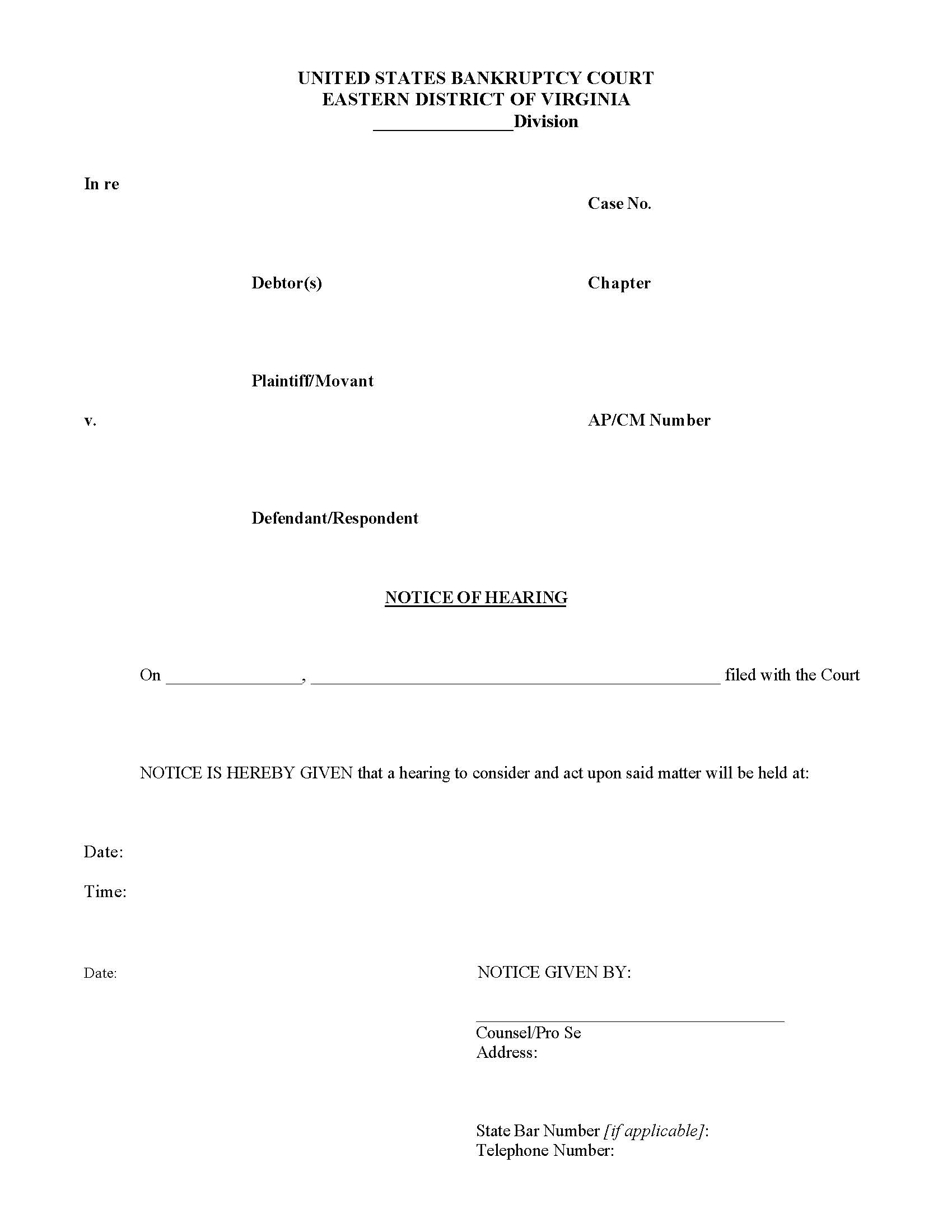 Notice Of Hearing (Adversary Or Contested) | Pdf Fpdf Docx | Virginia