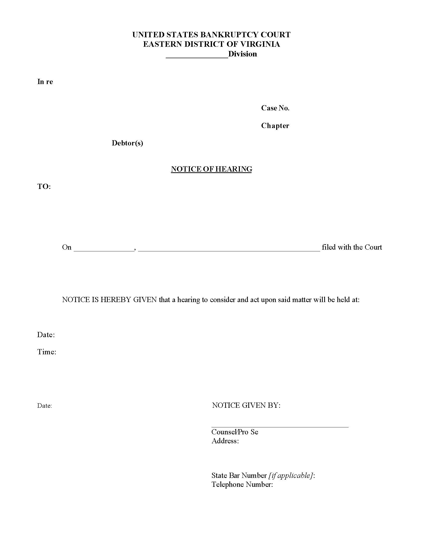 Notice Of Hearing (Bankruptcy Case) | Pdf Fpdf Docx | Virginia