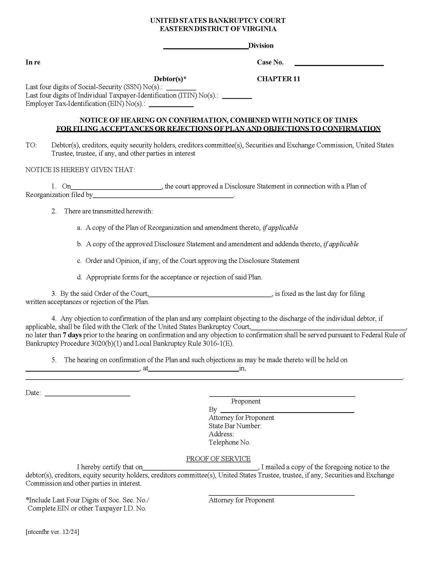 Notice Of Hearing On Confirmation Combined With Notice Of Times For Filing Acceptances Of Rejections | Pdf Fpdf Doc Docx | Virginia
