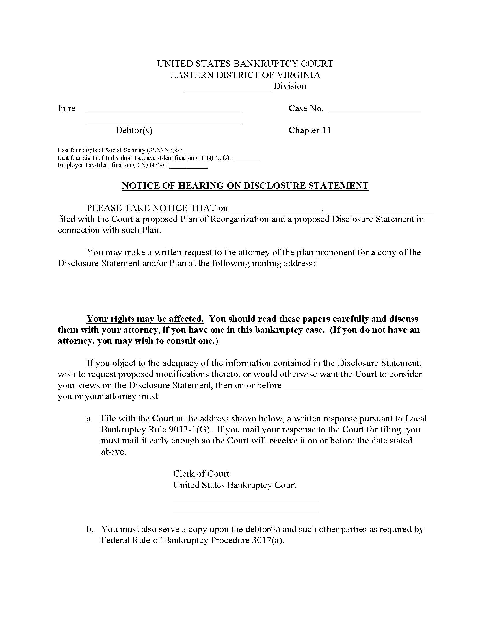 Notice Of Hearing On Disclosure Statement {12} | Pdf Fpdf Docx | Virginia