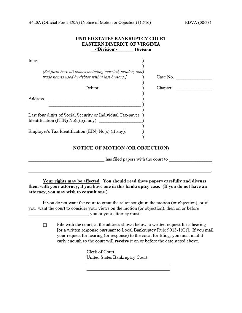 Notice Of Motion Or Objection {420A} | Pdf Fpdf Docx | Virginia