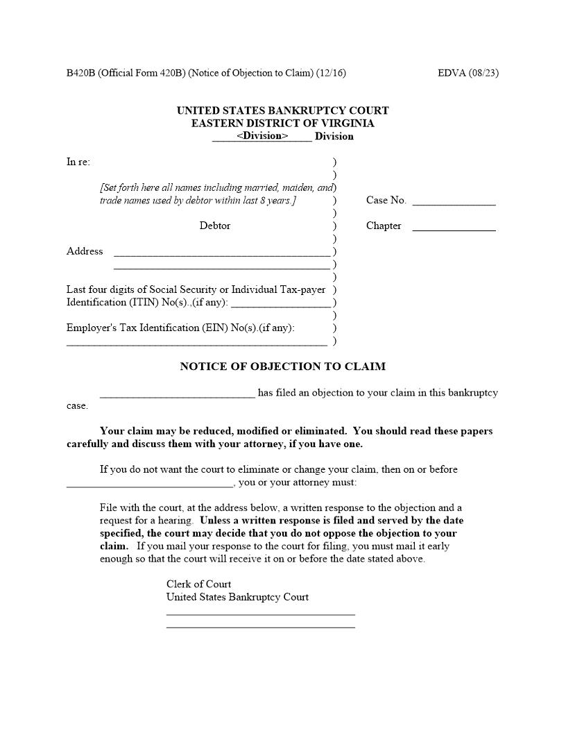 Notice Of Objection To Claim {420B} | Pdf Fpdf Docx | Virginia