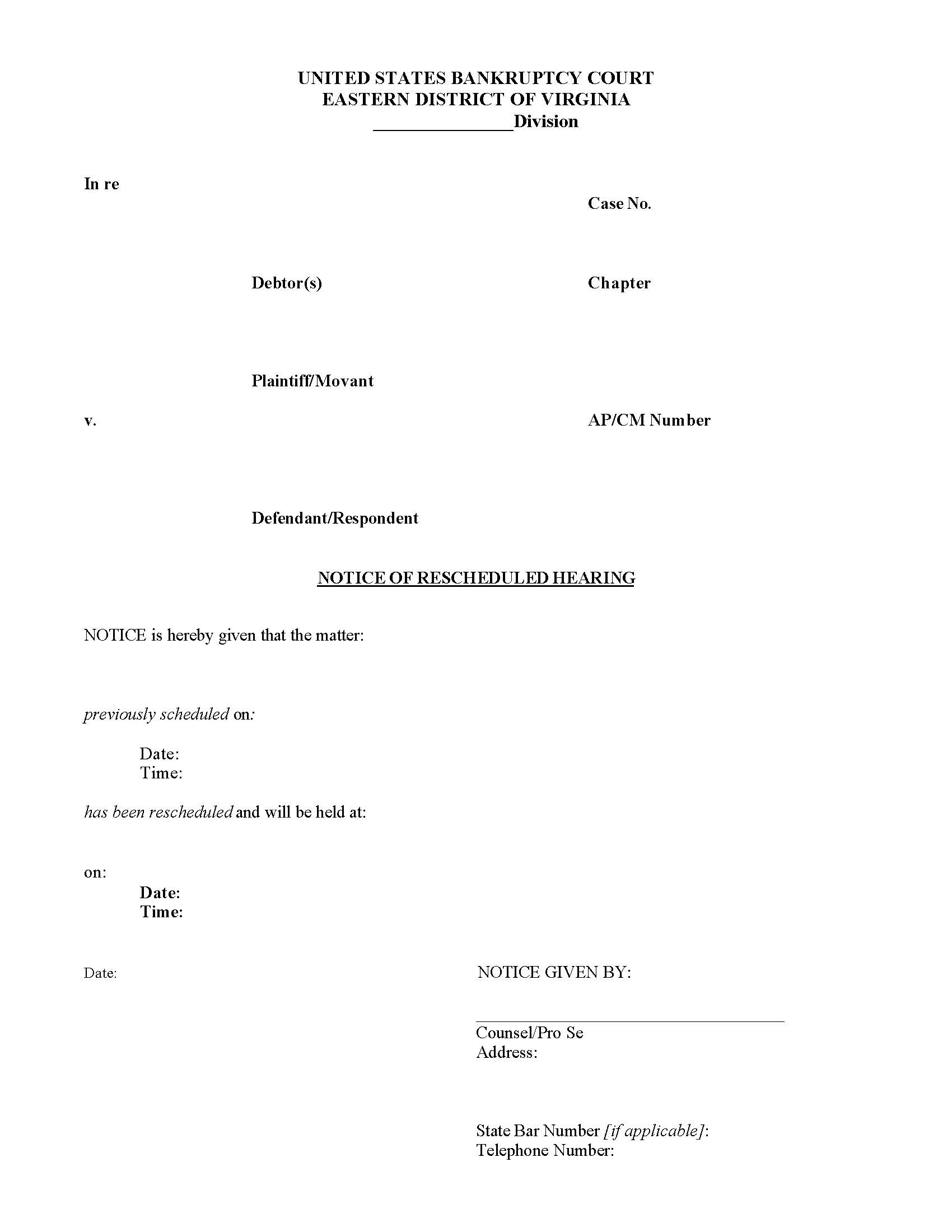 Notice Of Rescheduled Hearing (Adversary Or Contested) | Pdf Fpdf Docx | Virginia
