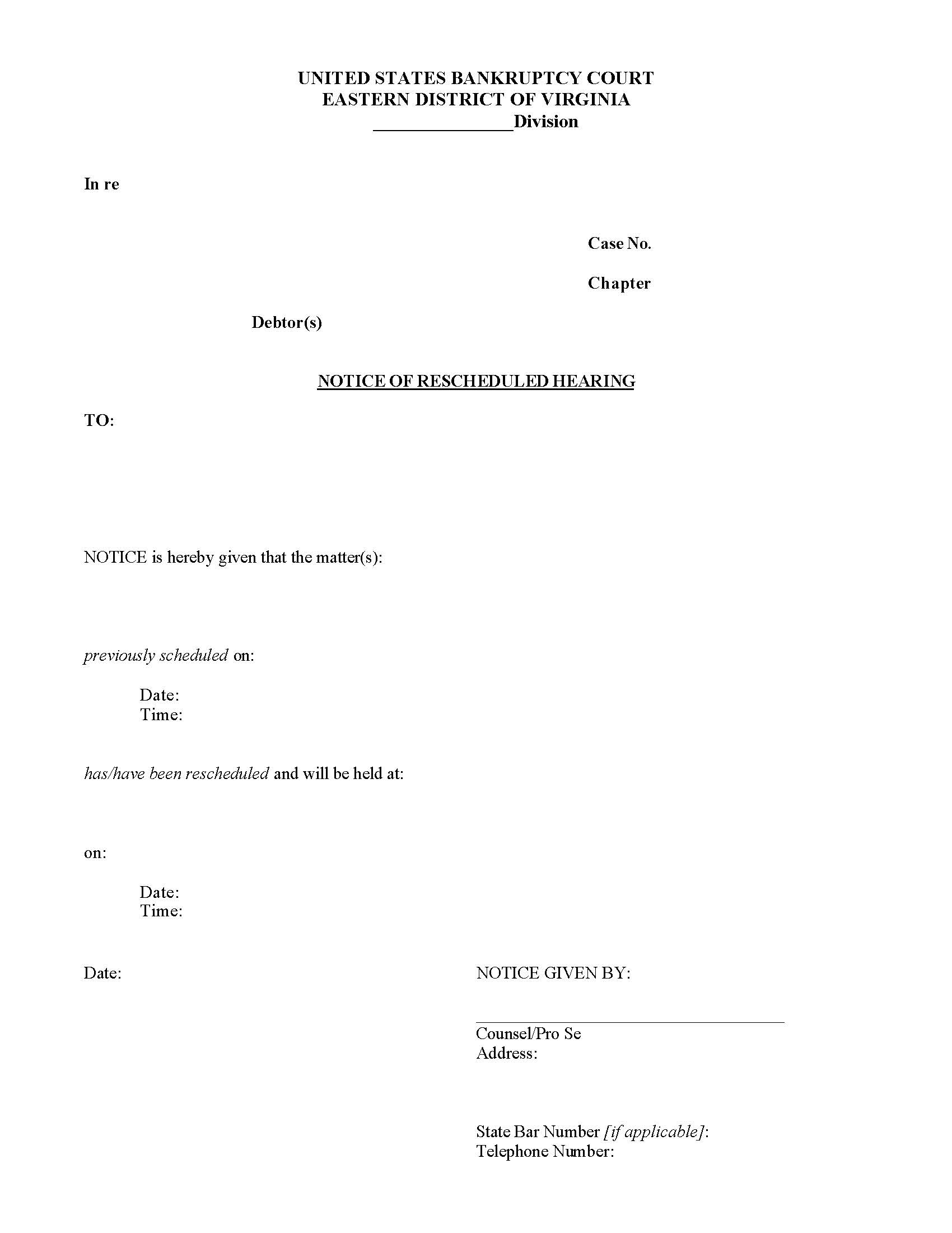 Notice Of Rescheduled Hearing (Bankruptcy) | Pdf Fpdf Docx | Virginia