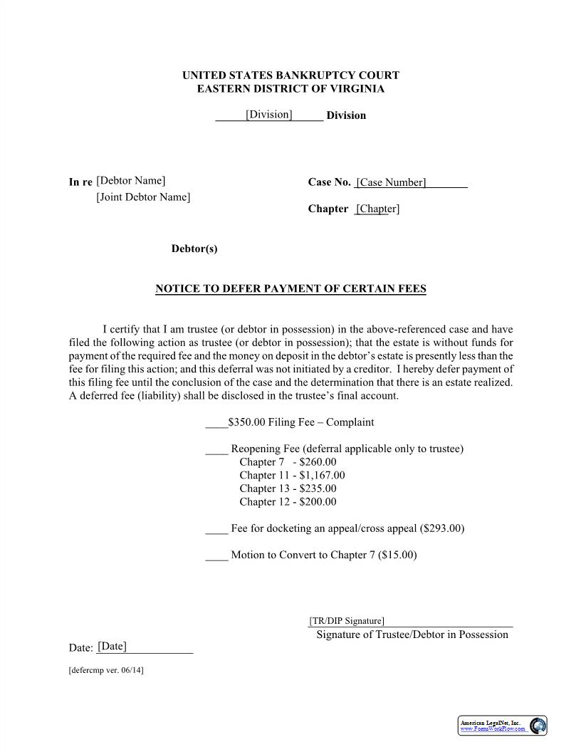 Notice To Defer Payment Of Certain Fees | Pdf Fpdf Docx | Virginia
