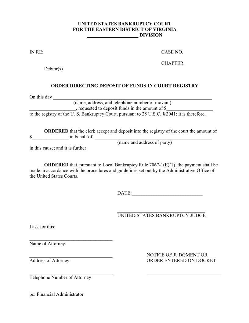 Order Directing Deposit Of Funds In Court Registry | Pdf Fpdf Doc Docx | Virginia