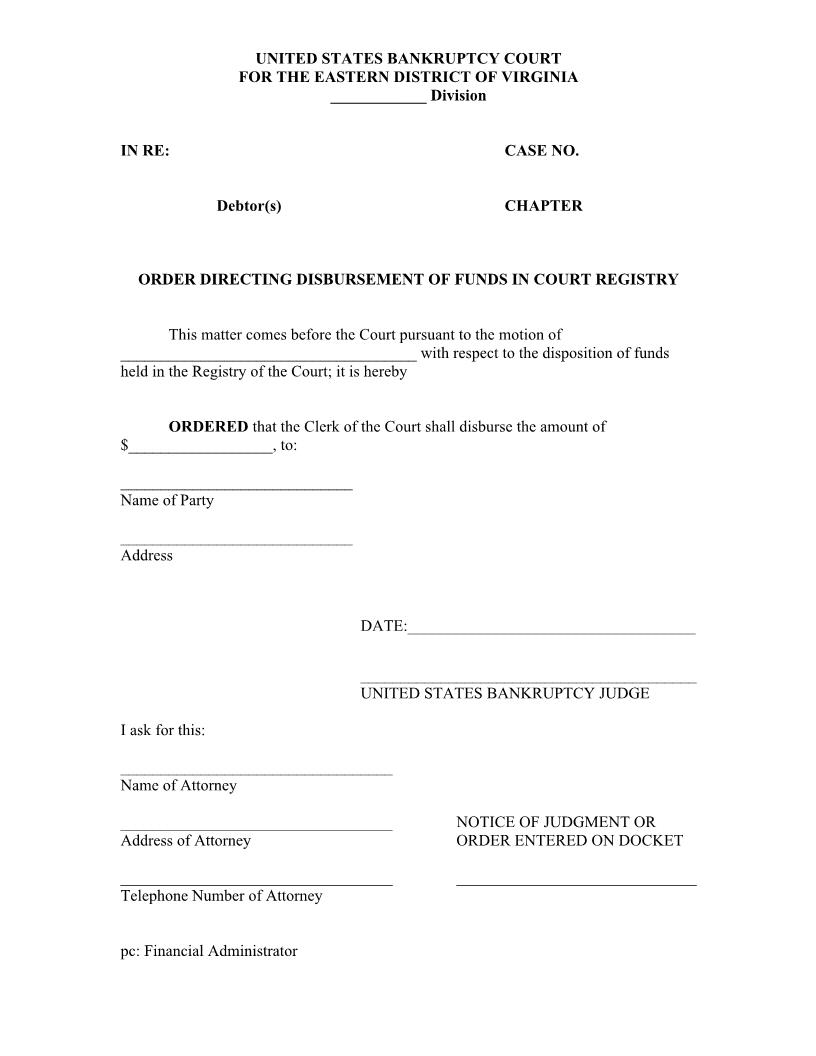 Order Directing Disbursement Of Funds In Court Registry | Pdf Fpdf Doc Docx | Virginia