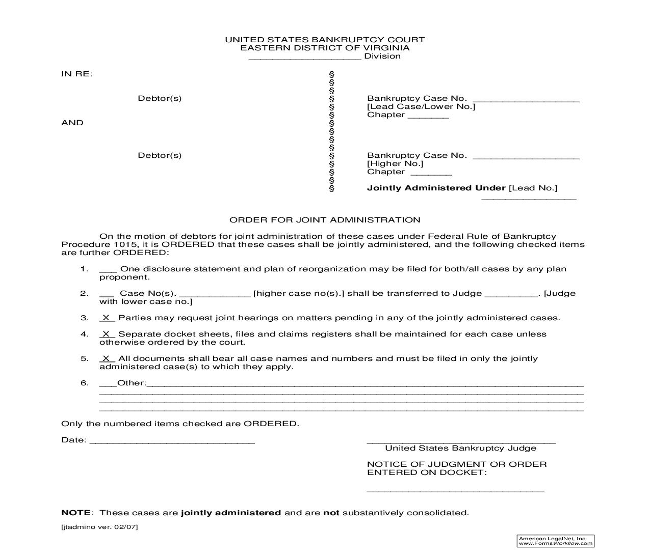 Order For Joint Administration | Pdf Fpdf Doc Docx | Virginia