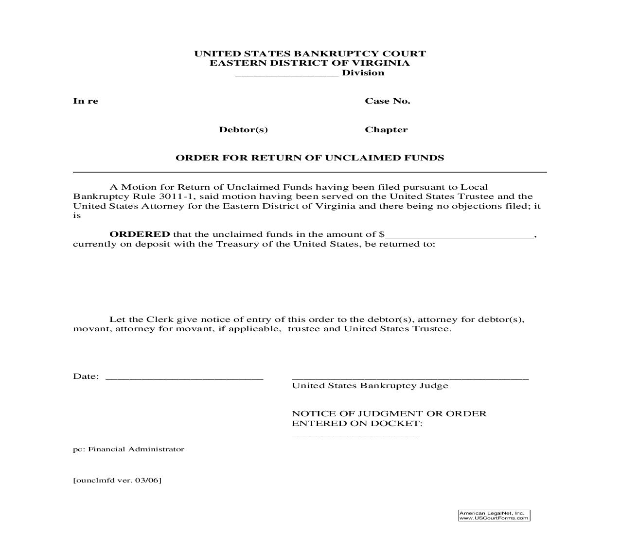 Order For Return Of Unclaimed Funds | Pdf Fpdf Doc Docx | Virginia