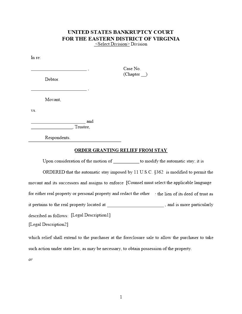Order Granting Relief From Stay | Pdf Fpdf Docx | Virginia