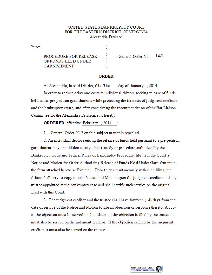 Procedure For Release Of Funds Held Under Garnishment | Pdf Fpdf Docx | Virginia