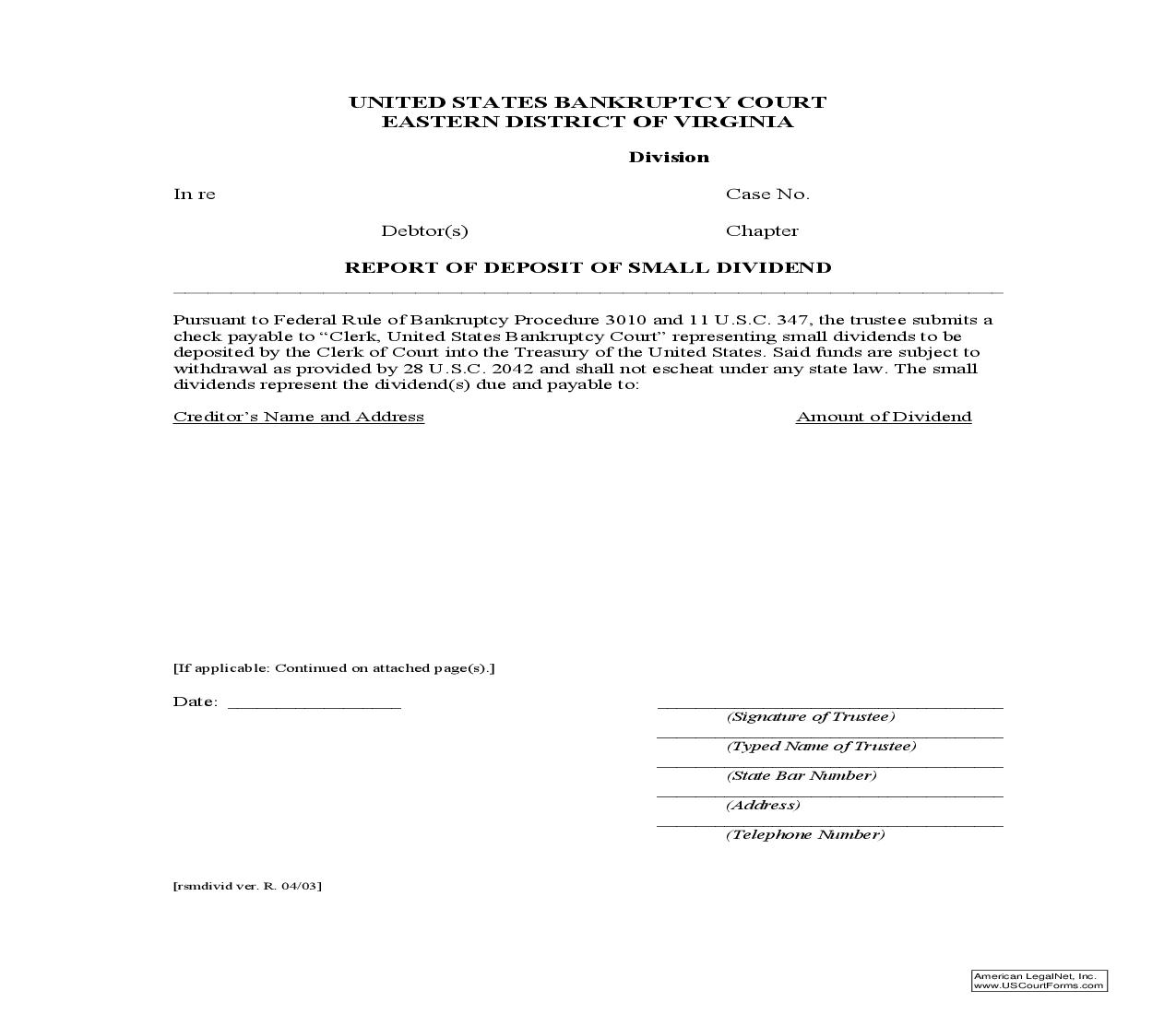 Report Of Deposit Of Small Dividend | Pdf Fpdf Doc Docx | Virginia