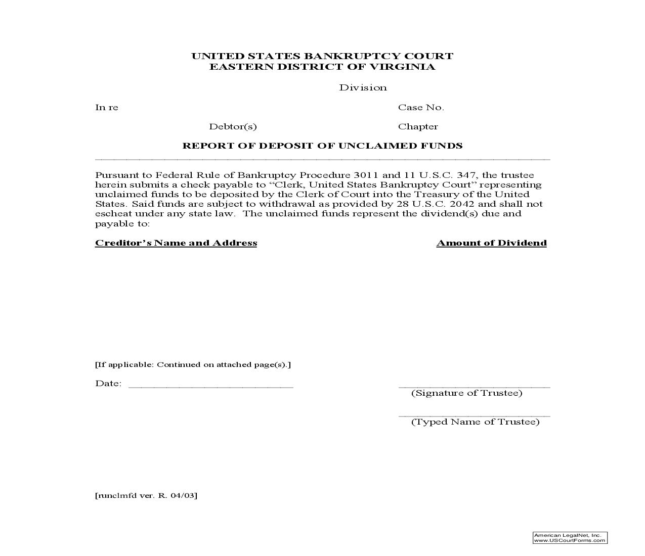 Report Of Deposit Of Unclaimed Funds | Pdf Fpdf Doc Docx | Virginia