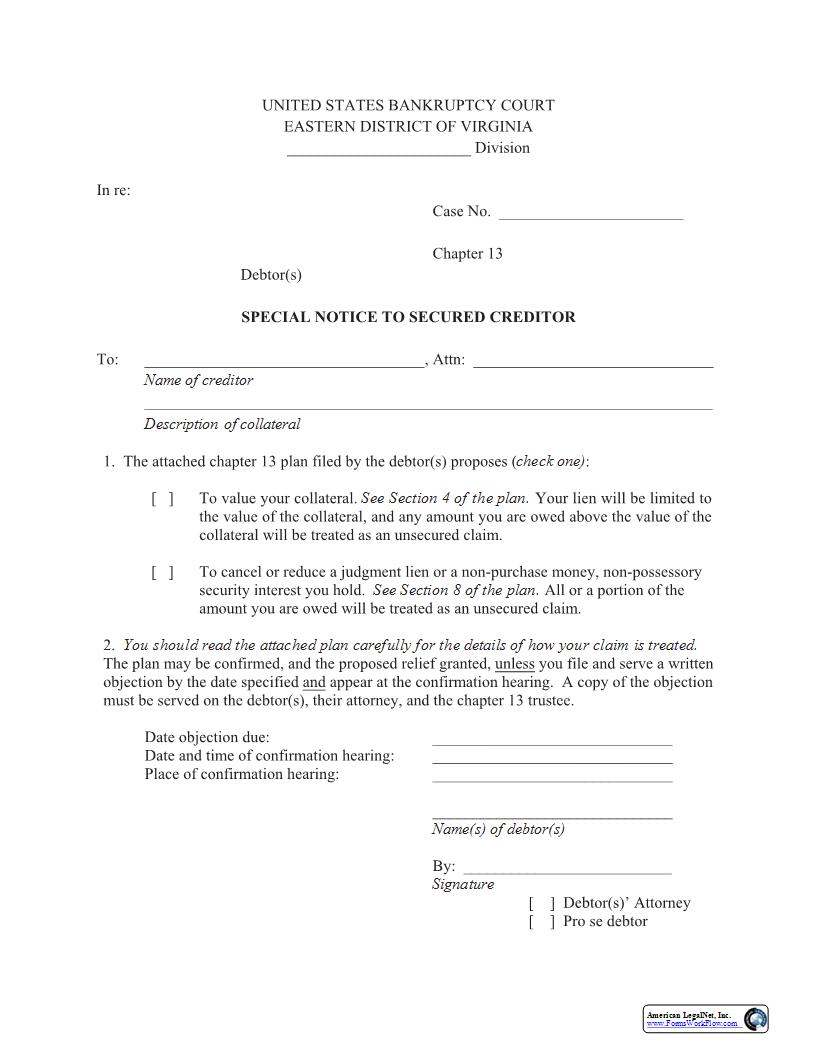Special Notice To Secured Creditor | Pdf Fpdf Docx | Virginia