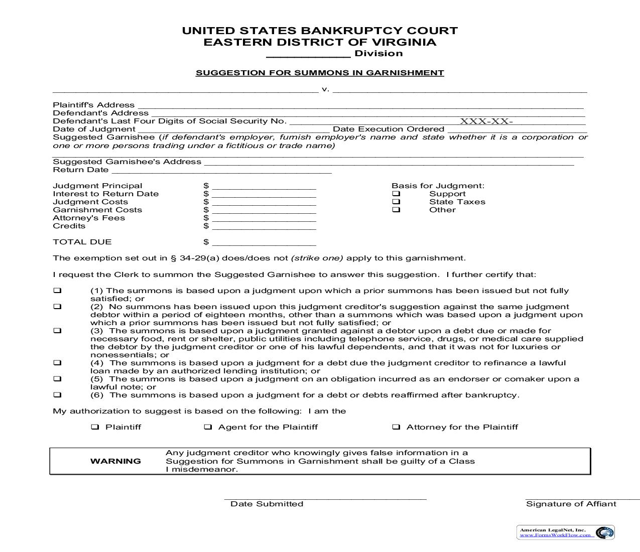 Suggestion For Summons In Garnishment | Pdf Fpdf Doc Docx | Virginia