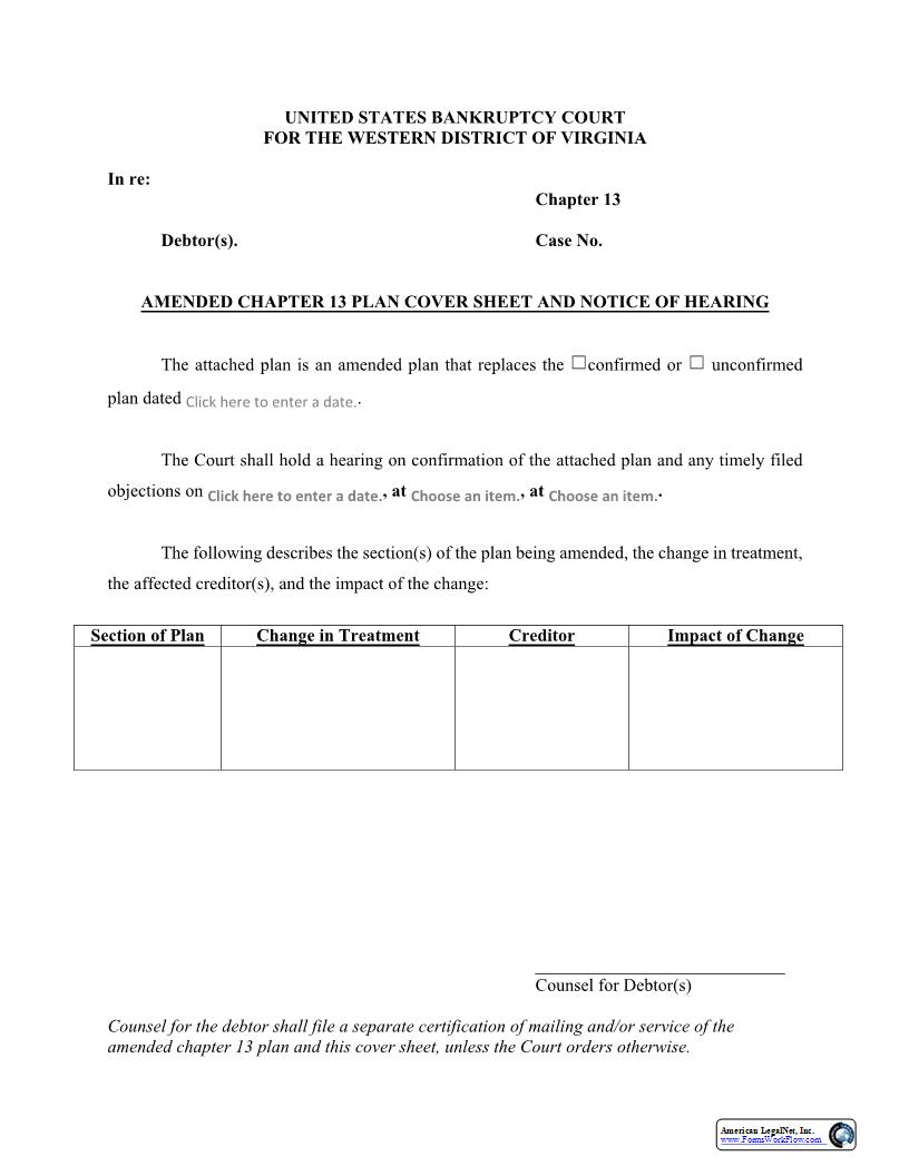 Amended Chapter 13 Plan Cover Sheet | Pdf Fpdf Docx | Virginia