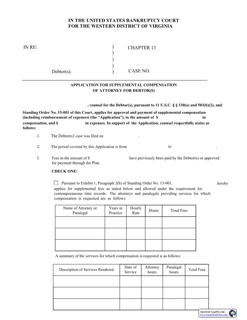 Application  For Supplemental Compensation Of Attorney For Debtor | Pdf Fpdf Docx | Virginia