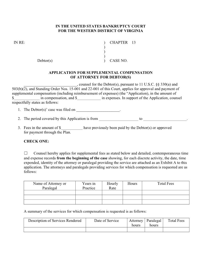 Application For Supplemental Compensation Of Attorney For Debtor(s) (Filed On Or After 2-15-22) | Pdf Fpdf Docx | Virginia