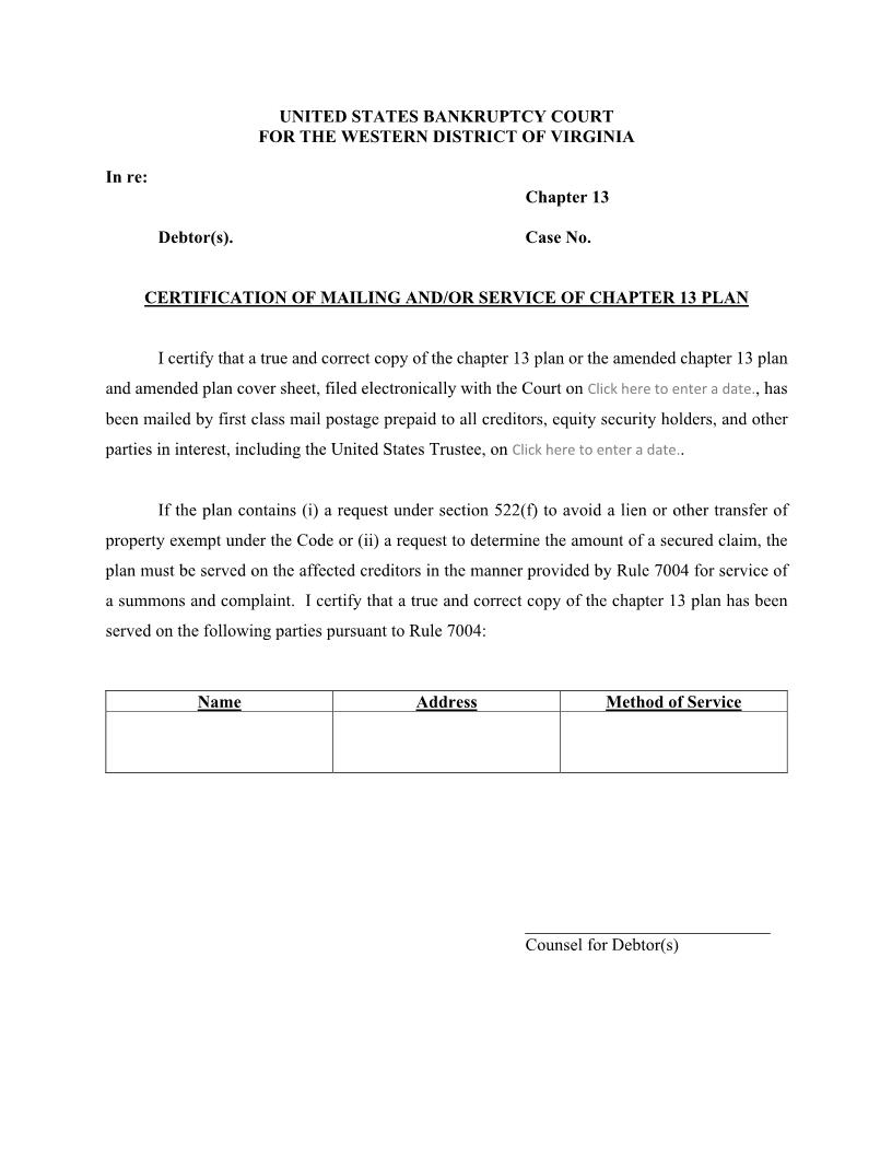 Certification Of Mailing And Or Service Of Chapter 13 Plan | Pdf Fpdf Docx | Virginia