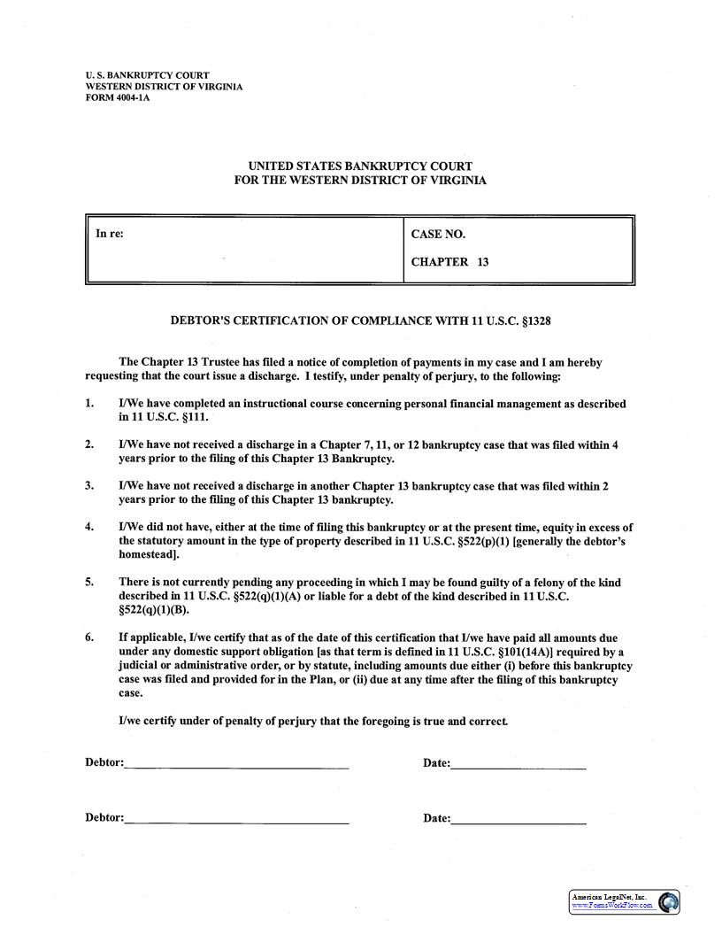Debtors Certification Of Complaince (Ch. 13) {4004-1A} | Pdf Fpdf Docx | Virginia