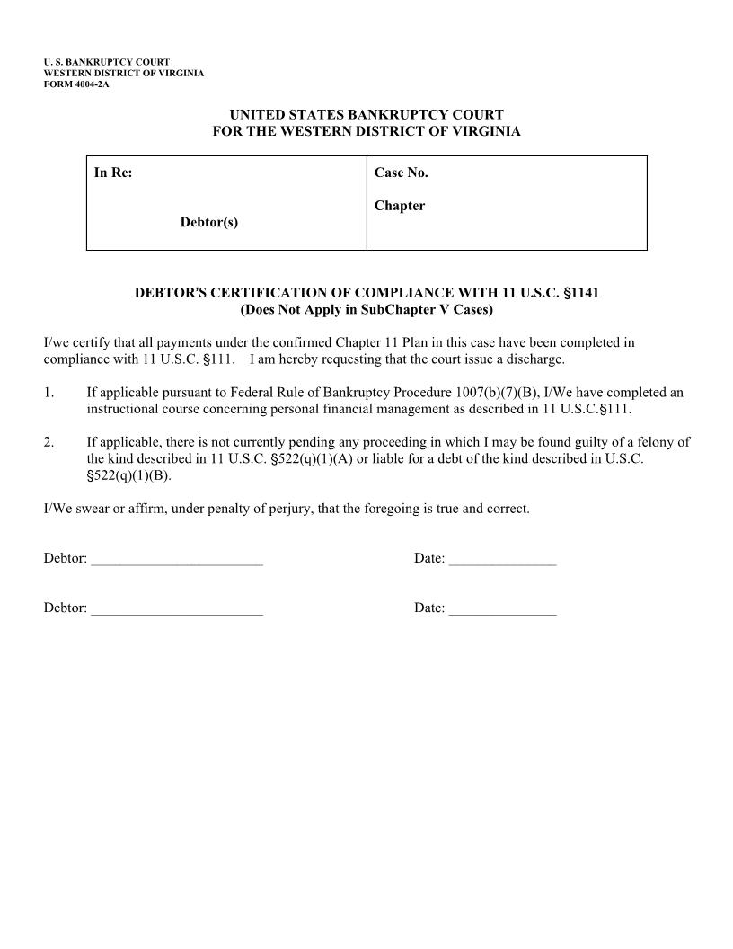 Debtors Certification Of Compliance (Ch. 11) {4004-2A} | Pdf Fpdf Docx | Virginia